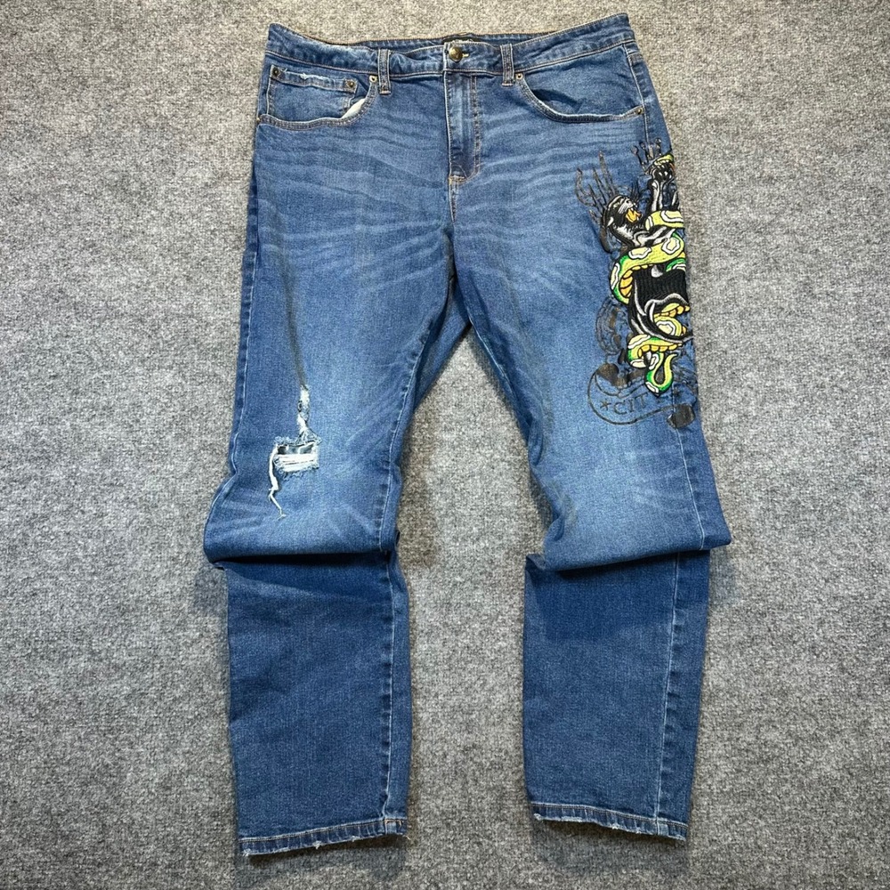 Ed Hardy Jeans Men 38 Blue Embroidered Panther Snake Tattoo‎ Y2K Streetwear